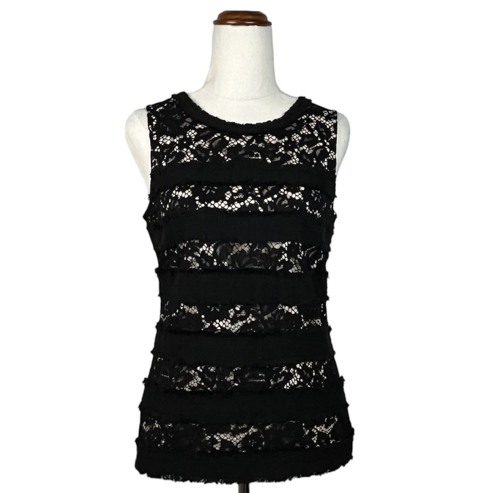 J Crew Top sz XS Black Lace Over Cream Inlay Sleeveless - Picture 1 of 13